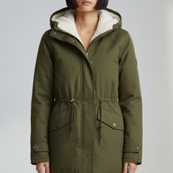 SHERPA LINED UTILITY PARKA JACKET COAT - DARK OLIVE GREEN - Picture 1 of 10